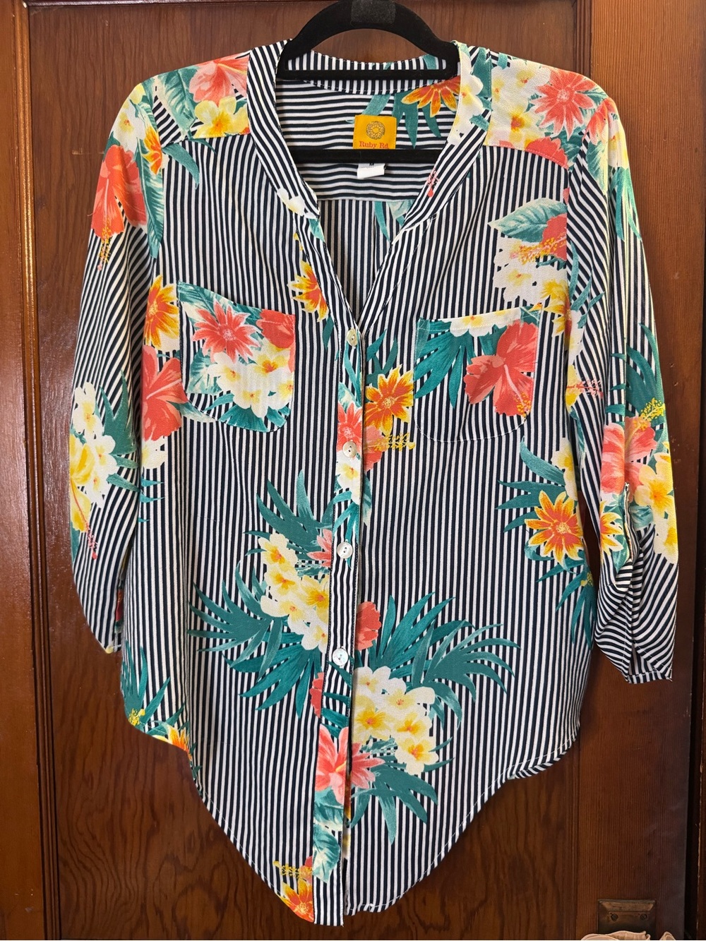 Ruby Rd. Black & White Stripe Button-Down with Coral, Yellow & Teal Floral